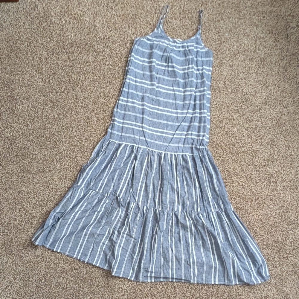 beachlunchlounge Linen Blue and White Striped Maxi Dress